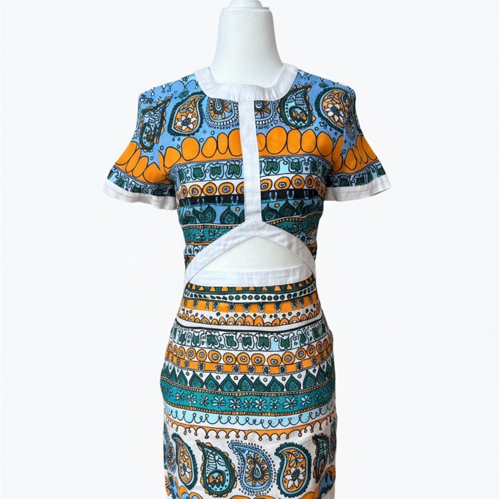 STAUD Linen Cutout Mini Dress Blue Orange Print Size S Linen Dress